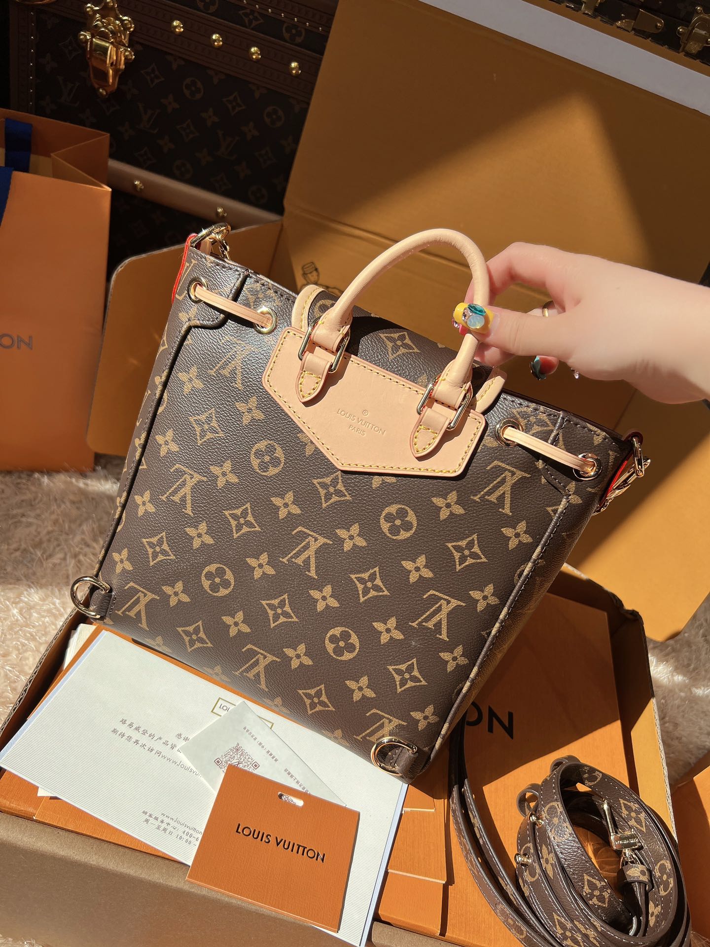 LV Excursion PM Monogram Canvas Backpack Shoulder Bag with Leather Trim and Drawstring Closure (21 x 23 x 10) cm